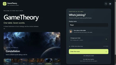 GameTheory website showing its worlds and player welcome screen.