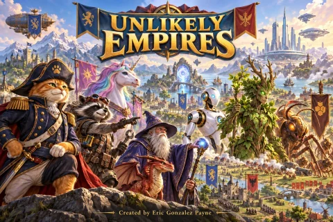 Unlikely Empires promotional artwork, with a cat commander and fantastical rivals.